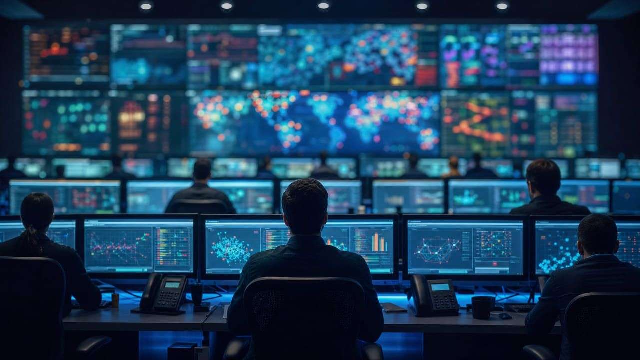A dark operations room seen from behind the desks, monitors showing indistinct data displays