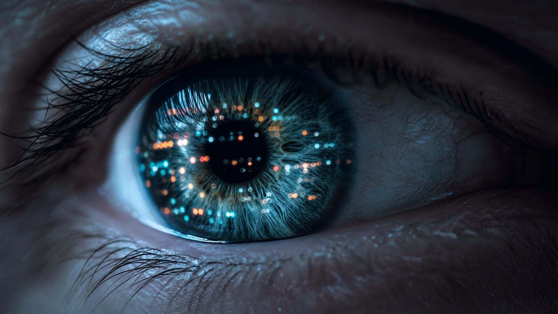 Extreme macro of a human eye, its iris reflecting scattered points of coloured light