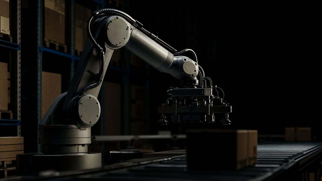 An industrial robot arm and its gripper lit from the side in a dark warehouse